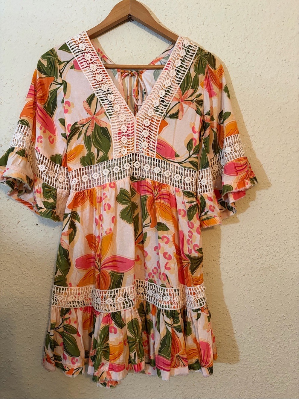 Floral Lace-Trim Mini Dress in Pink & Green
